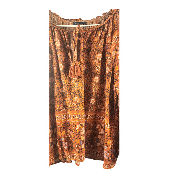 American Eagle Burnt Orange Floral Print Long Sleeve Peasant Blouse Sz Large - Picture 2 of 6